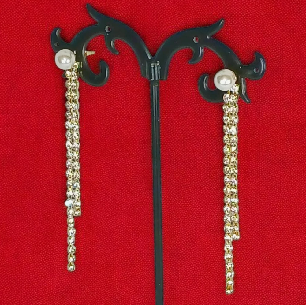 Pearl Stud Earrings Gold Linear Drop Rhinestone Tassel Modern Retro Glam Bling